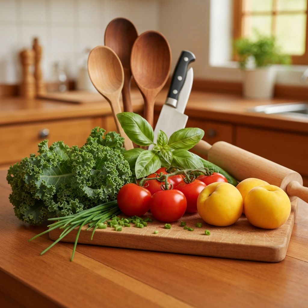Keittiön työvälineet ja tuoreet ainesosat
